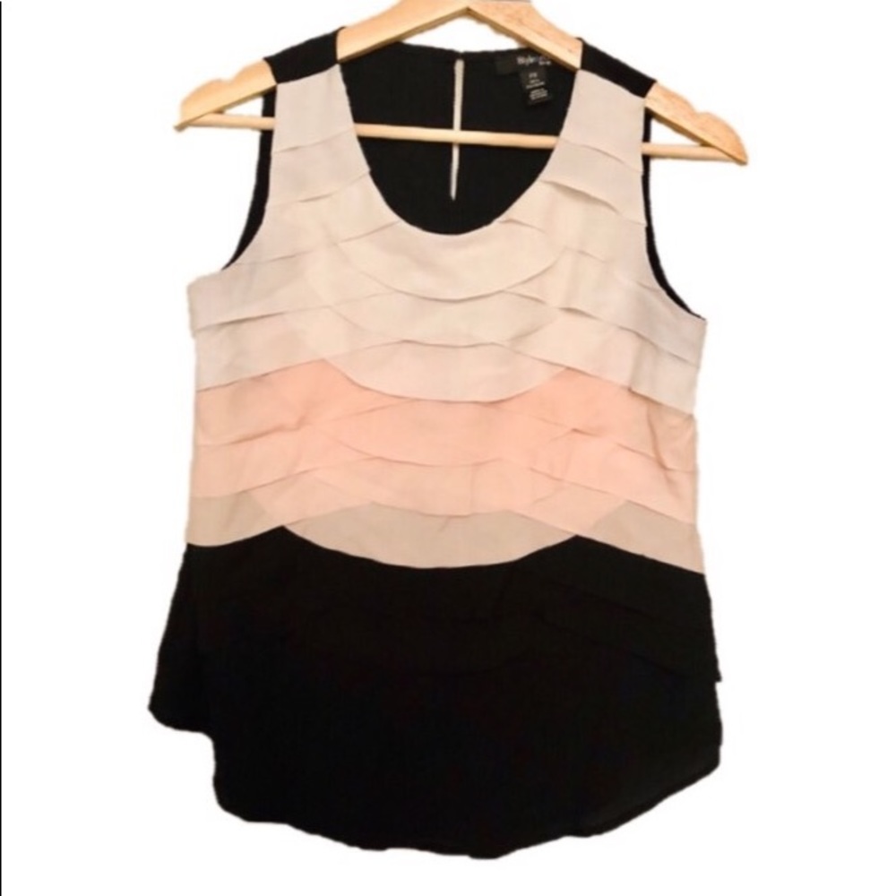 Pink, white, black sleeveless blouse